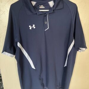 Under Armour Shirt Mens medium blue white Short Sleeve Title Polo Golf Loose Fit